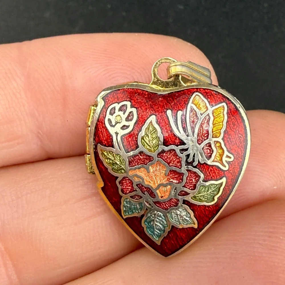 Vintage Cloisonné Heart Locket Red Enamel Flower Butterfly Gold Tone